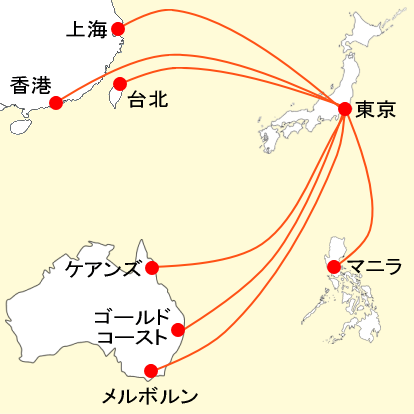 ジェットスター東京成田発着国際線の路線図