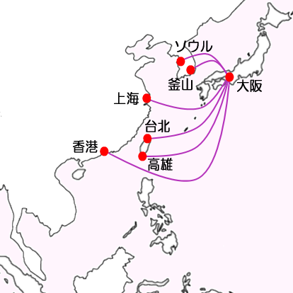 ピーチ航空大阪発着便国際線の路線図
