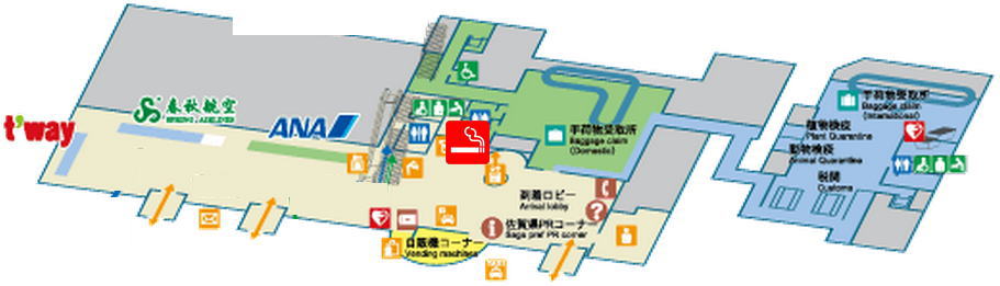 佐賀空港ターミナルビル到着フロア・出発フロアの喫煙室の地図