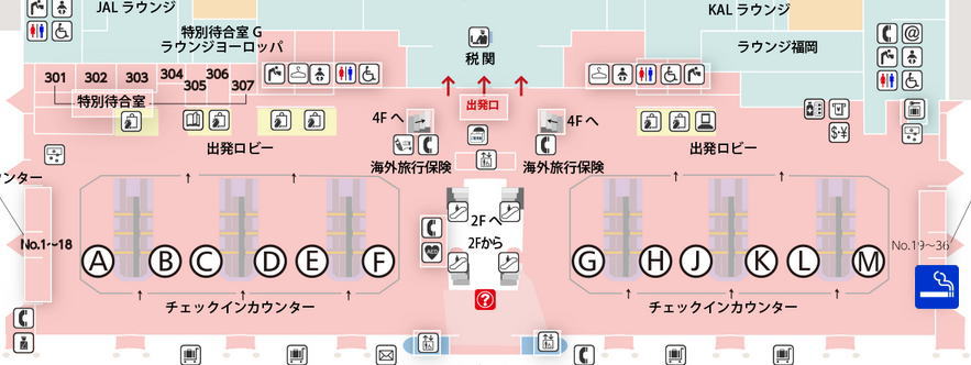福岡空港国際線ターミナル出発フロアの喫煙室の地図