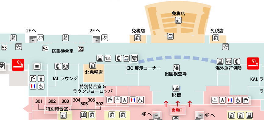 福岡空港国際線ターミナルセキュリティチェック通過後の喫煙室の地図