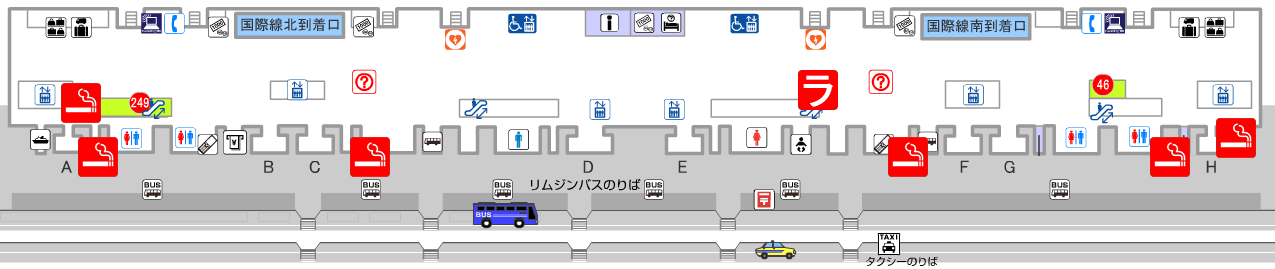 大阪 / 関西国際空港第1ターミナル到着フロアの喫煙室の地図