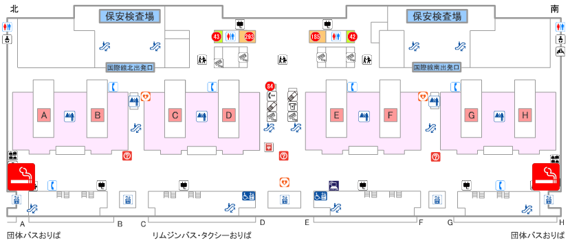 大阪 / 関西国際空港第1ターミナル出発フロアの喫煙室の地図
