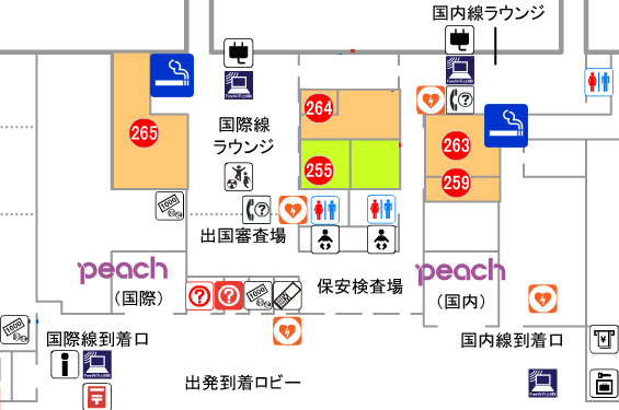 大阪 / 関西国際空港第2ターミナルセキュリティチェック通過後の喫煙室の地図