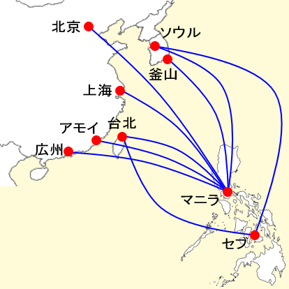 セブパシフィック航空の東アジア路線図