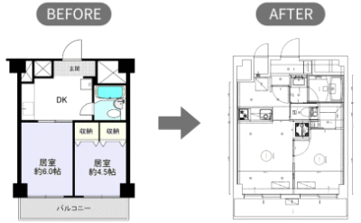 投活のリノベ前後の間取り図