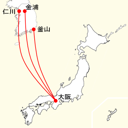 チェジュ航空の大阪関西発着便の路線図