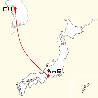 チェジュ航空の名古屋中部発着便の路線図