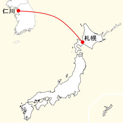 チェジュ航空の札幌新千歳発着便の路線図
