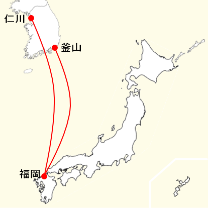 チェジュ航空の福岡発着便の路線図
