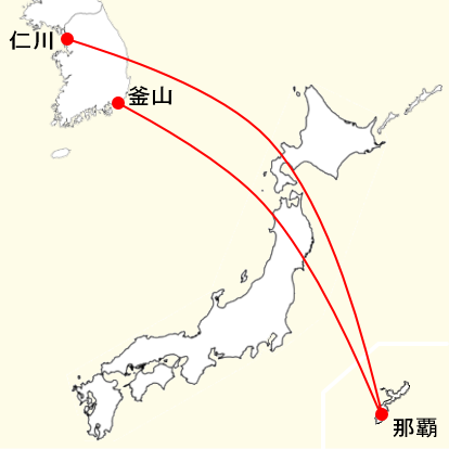チェジュ航空の沖縄那覇発着便の路線図