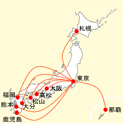 ジェットスター東京成田発着国内線の路線図