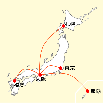ジェットスター大阪関西発着国内線の路線図