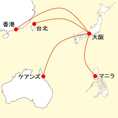 ジェットスター大阪関西発着国際線の路線図