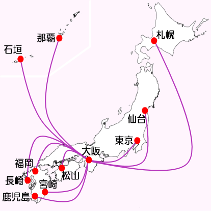 ピーチ航空大阪発着便国内線の路線図