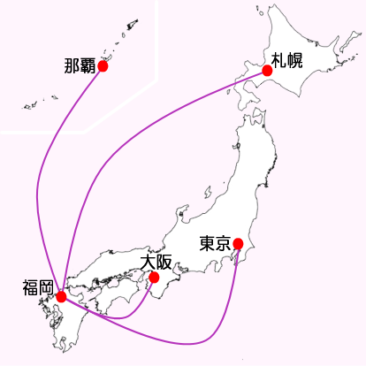 ピーチ航空福岡発着便国内線の路線図