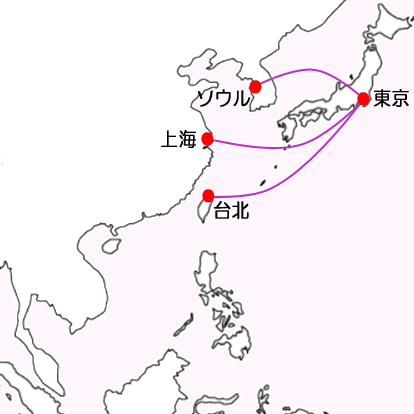 ピーチ航空東京発着便国際線の路線図