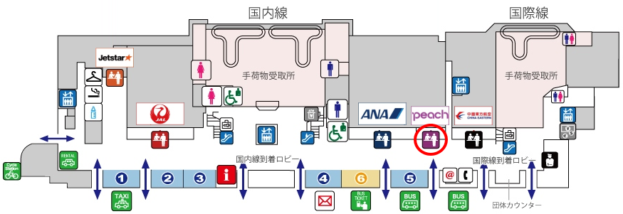 松山空港のピーチ航空のチェックインカウンターの位置