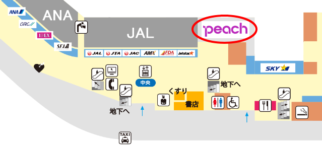 福岡空港のピーチ航空のチェックインカウンターの位置