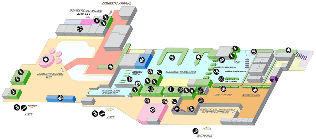 プノンペン国際空港国際線ターミナル到着フロア・出発フロアの喫煙室の地図