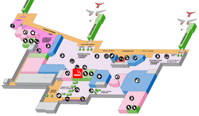 プノンペン国際空港国際線ターミナルセキュリティチェック通過後の喫煙室の地図