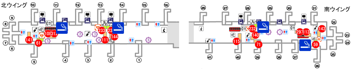 大阪 / 関西国際空港第1ターミナルセキュリティチェック通過後の喫煙室の地図