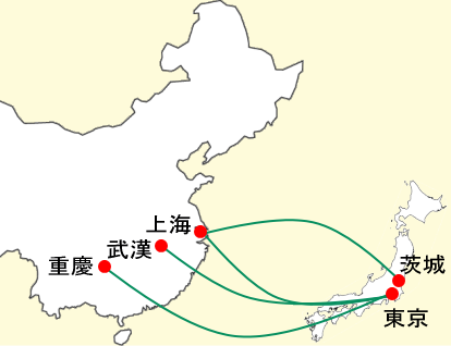春秋航空東京・茨城発着国際線の路線図