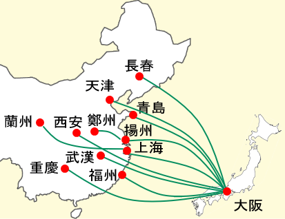 春秋航空大阪発着国際線の路線図